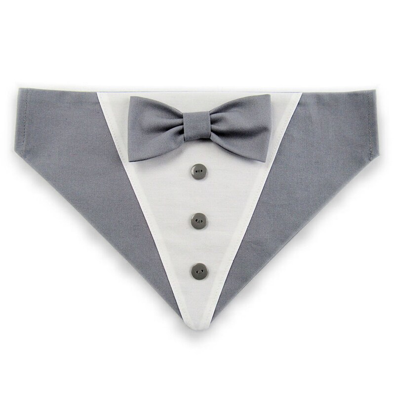 Dog Bandana with Bow Tie - "Gray Tuxedo with Gray Bow Tie" - Extra Small to Large Dog - Slide on Bandana - Over The Collar - AA
